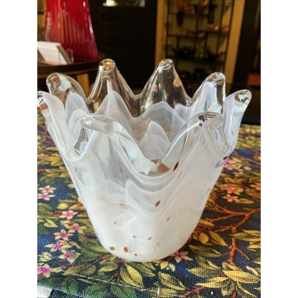 VTG MCM 5" Murano Italy Handblown Glass Vase White & Gold Sparkle Swirl